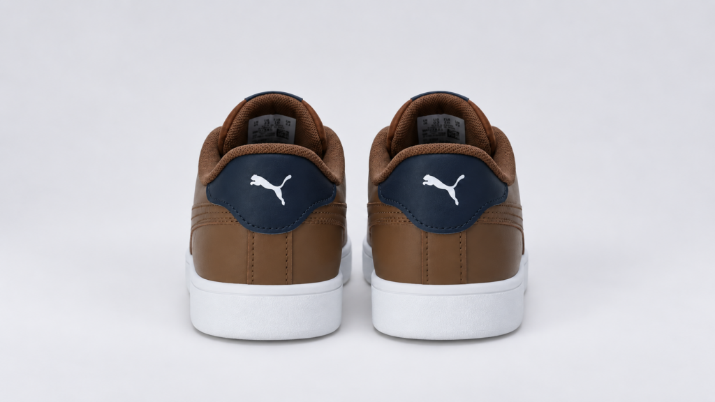 Rear view of PUMA Smashic sneakers showing navy heel details