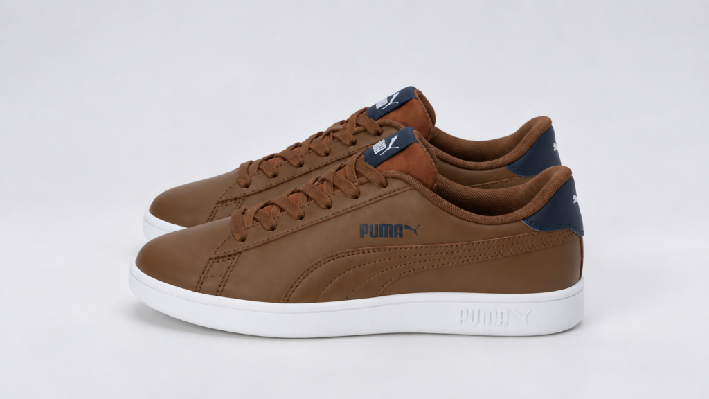 PUMA Smashic brown sneakers in side profile with white rubber outsole