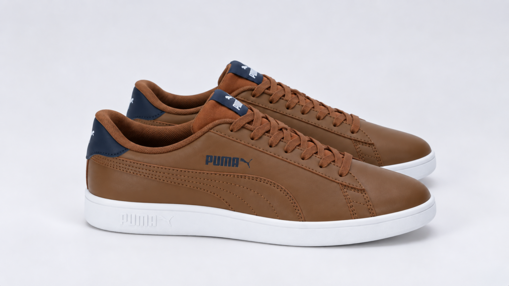 Side view of PUMA Smashic brown casual sneakers with white outsole