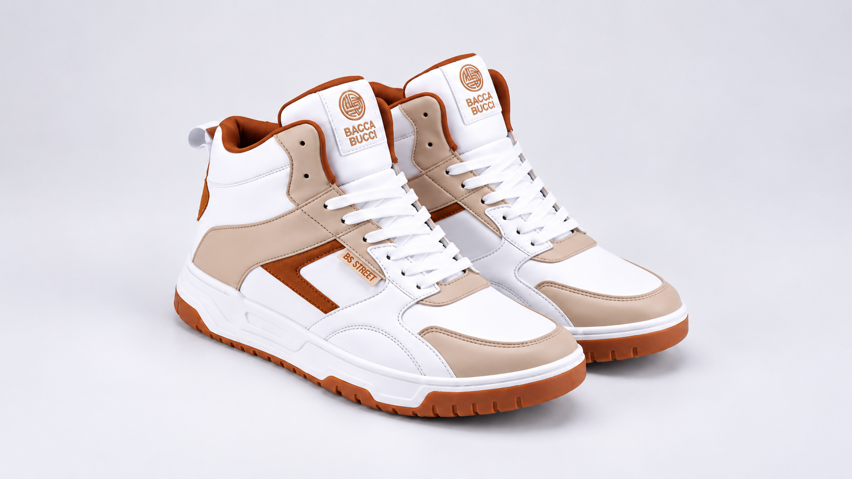 Bacca Bucci Cappuccino Skystompers White Tan high-top sneakers three-quarter view