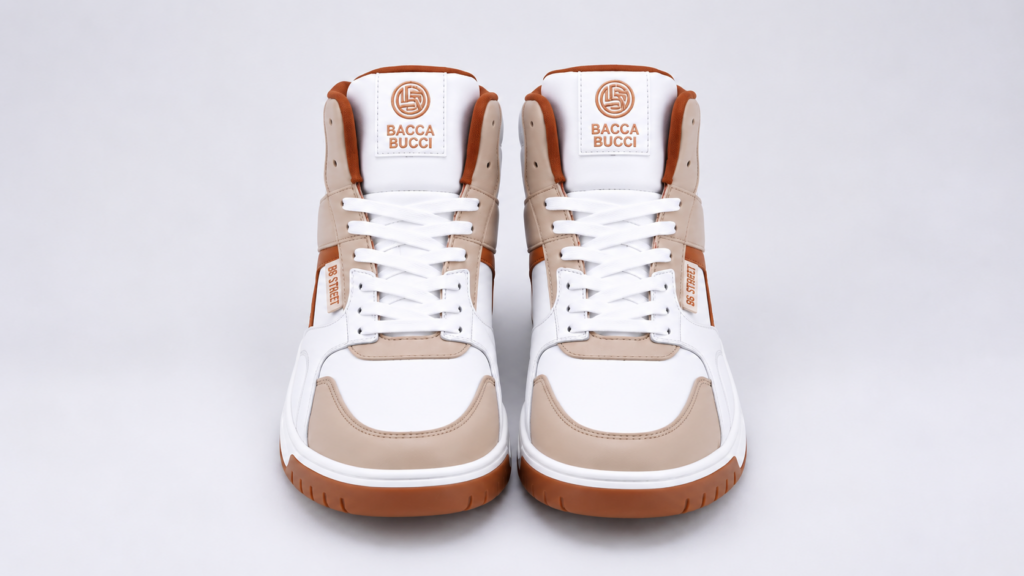 Front view of Bacca Bucci Cappuccino Skystompers White Tan high-top sneakers