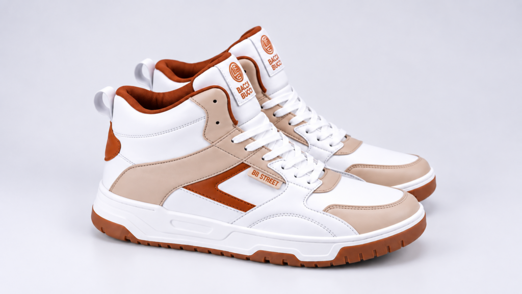 Side view of Bacca Bucci Cappuccino Skystompers White Tan high-top shoe