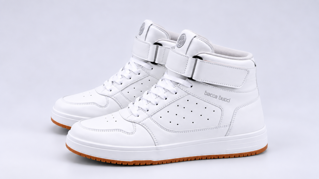 Side profile of white Bacca Bucci high-top sneaker with Velcro strap