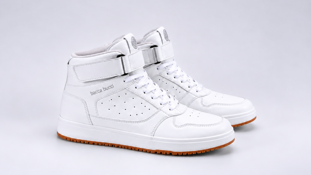 White Bacca Bucci high-top sneakers shown from the opposite side