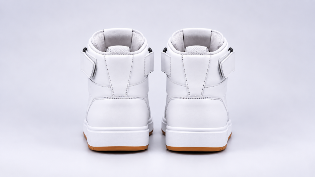 Rear view of white Bacca Bucci high-top sneakers