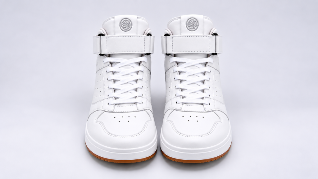 Front view of white Bacca Bucci high-top sneakers with laces and ankle straps