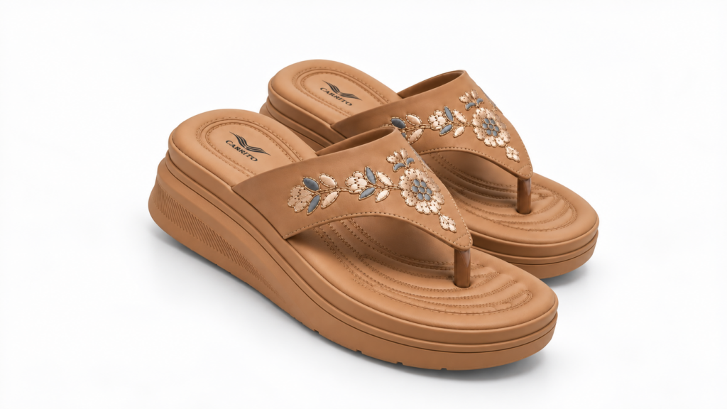 Tan Carrito wedge sandals with floral embellished straps