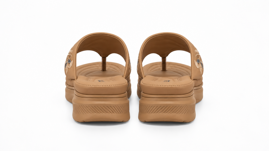 Rear view of tan Carrito wedge sandals showing the elevated sole